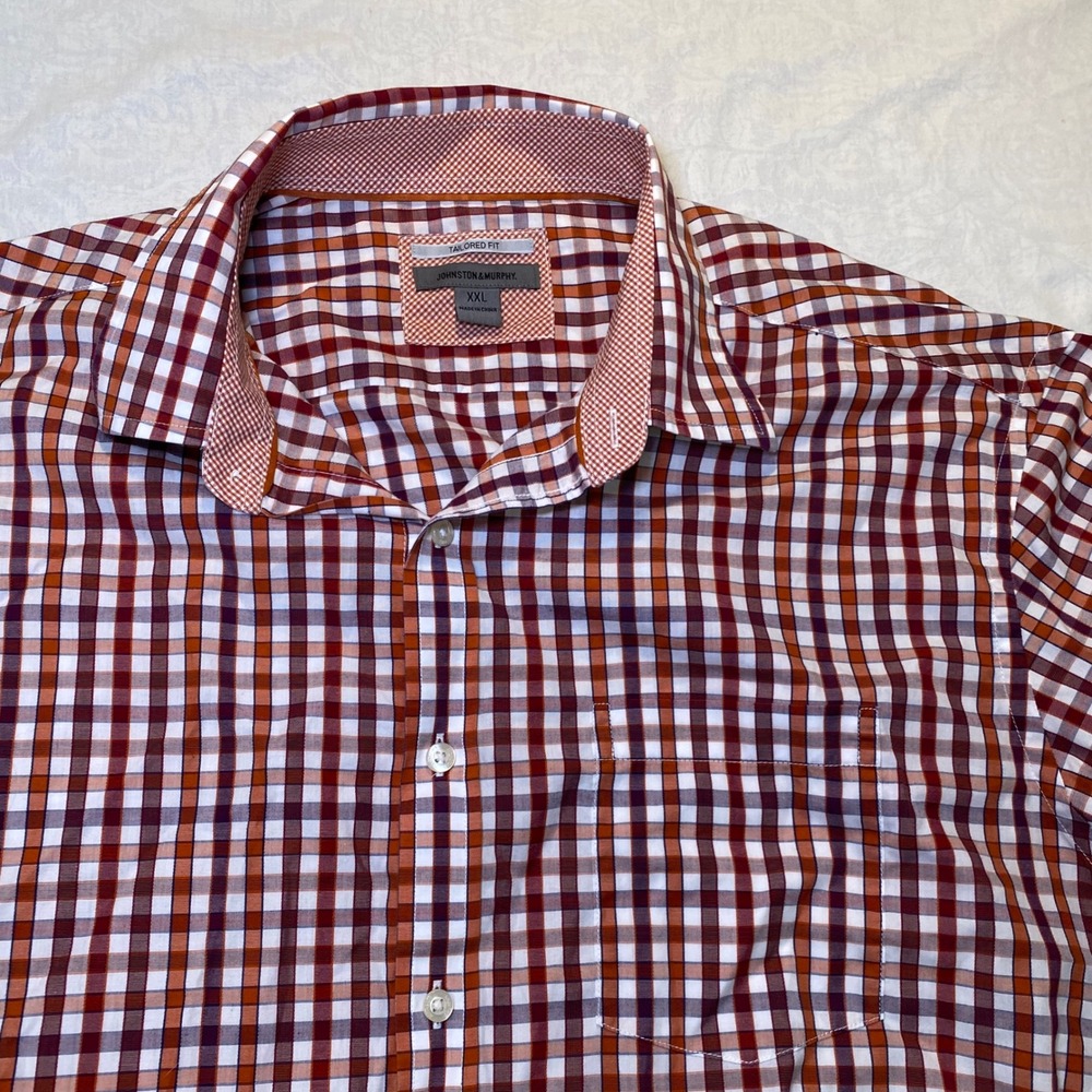 Johnston & Murphy Mens XXL Tailored Fit Gingham Button Down Shirt Orange Purple - Picture 2 of 9